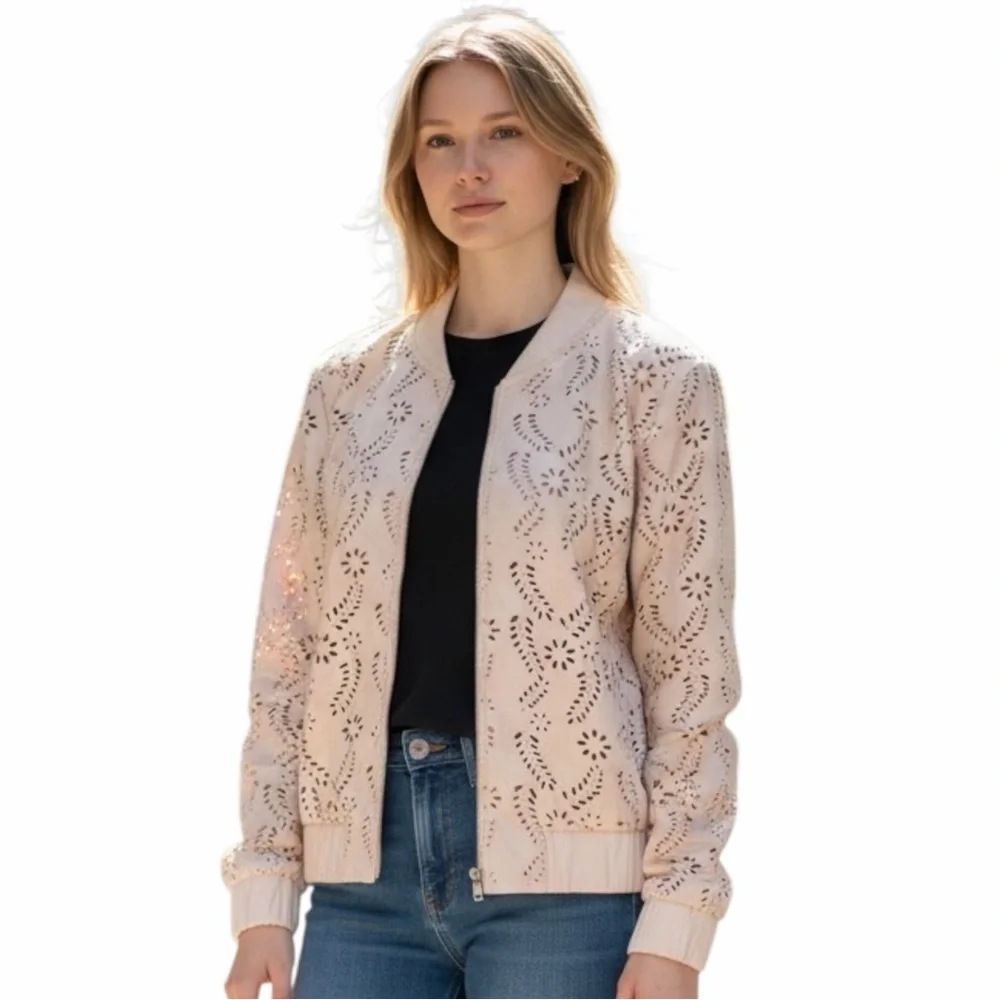 Forever 21 Pink Laser Cut Floral Eyelet Bomber Jacket Size Large